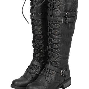 Women's Timberly Black Fashion Lace Up Buckle Knee High Combat Boots, Size 7M